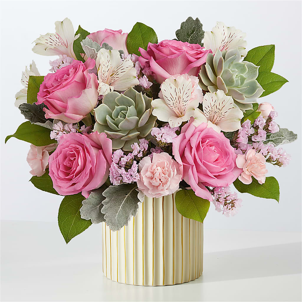 Dusty Rose Bouquet with Ivory Vase – Flowers By Marianne, Salisbury MA