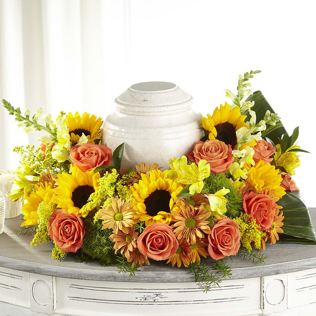 Faithful Sunflower Cremation Adornment – Flowers By Marianne, Salisbury MA