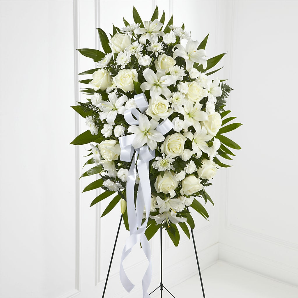 Exquisite Tribute Standing Spray-White Ribbon – Flowers By Marianne, Salisbury MA