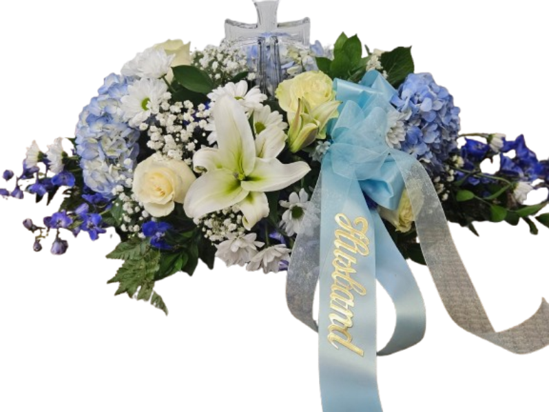 Blue and White Casket Cover with Crystal Cross