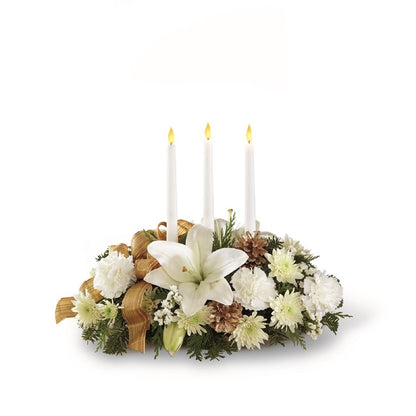White lilies and more Seasons Glow Centerpiece –  Flowers By Marianne, Salisbury MA